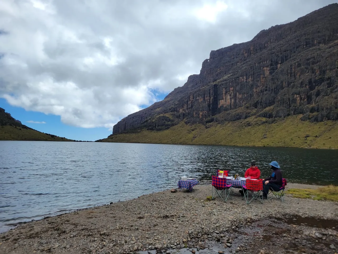 Two people having a picnic beside a tarn under a cliff face